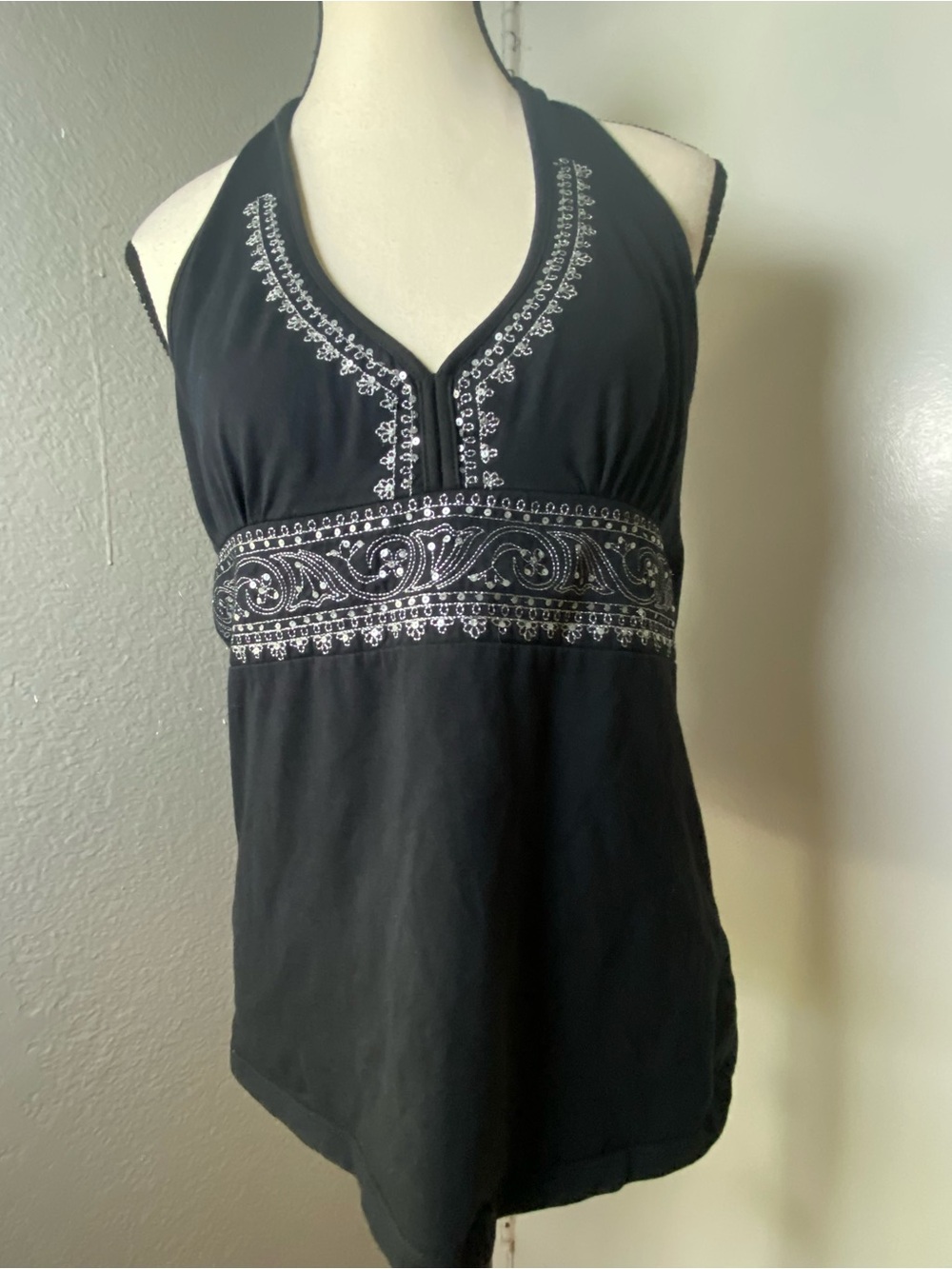 Y2K Black & Silver Sequin Embroidered Fairy Halter Top Size XL